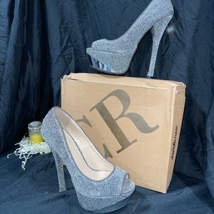 Glitter silver open toe chrome heel